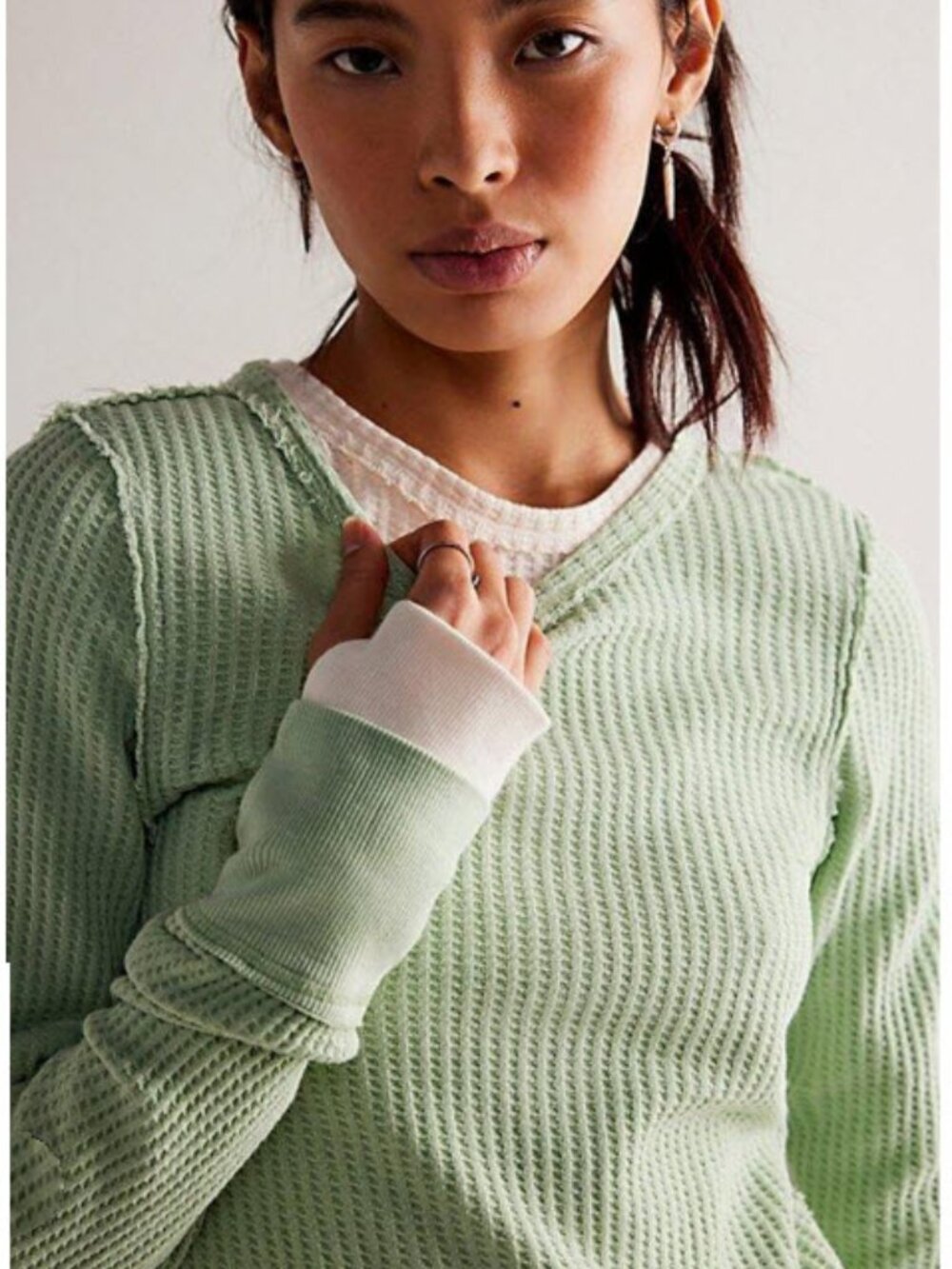 We The Free Green Thermal Thumb Hole Waffle Top Small - Picture 1 of 13
